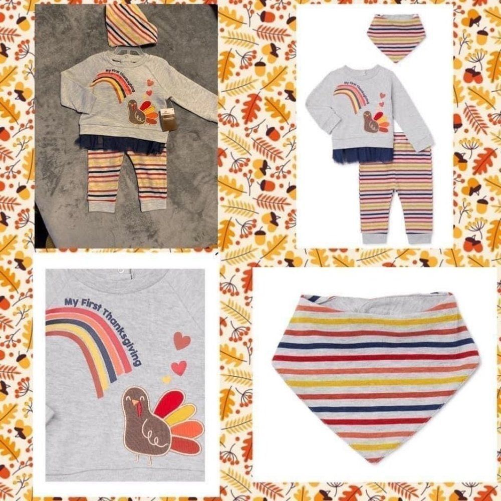 CELEBRATE Baby Girl My 1st Thanksgiving Set With Bib 0-3 Months Gray skuB